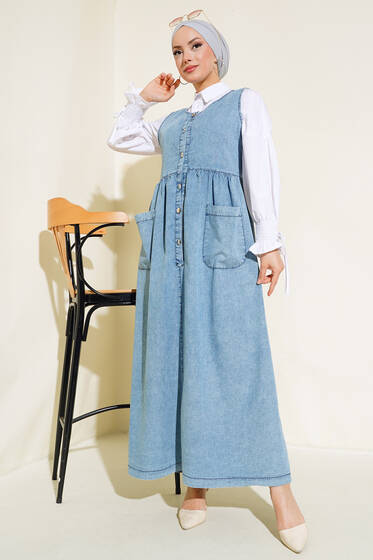 Metal Düğmeli Kot Jile Mavi - Elbise