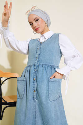 Metal Düğmeli Kot Jile Mavi - Tesettür Elbise