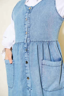 Metal Düğmeli Kot Jile Mavi - Tesettür Elbise