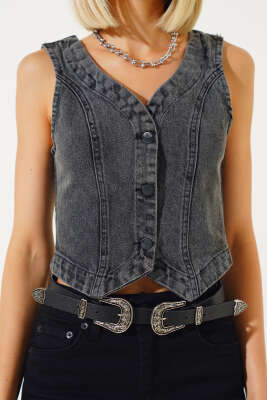 Metal Düğmeli Kot Yelek Gri Kar - Kadın Giyim Modelleri