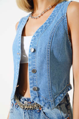 Metal Düğmeli Kot Yelek Orta Mavi - Kadın Giyim Modelleri