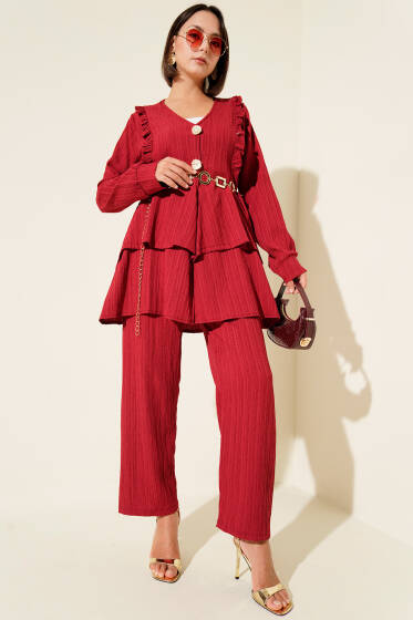 Metal Düğmeli Krinkıl İkili Takım Bordo - İkili Takım