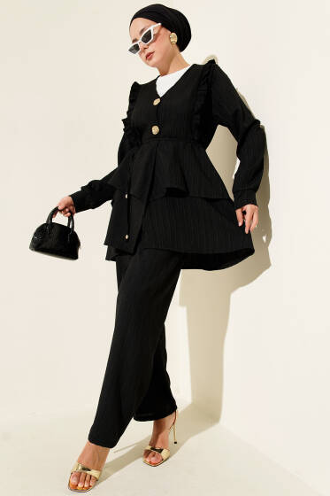 Metal Düğmeli Krinkıl İkili Takım Siyah - İkili Takım