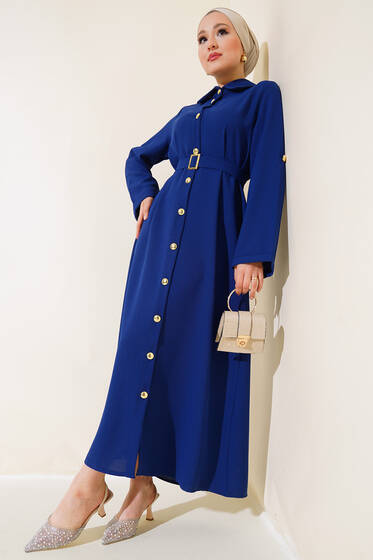 Metal Düğmeli Kuşaklı Ferace Lacivert - Ferace