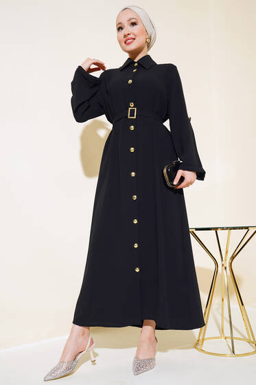 Metal Düğmeli Kuşaklı Ferace Siyah - Ferace