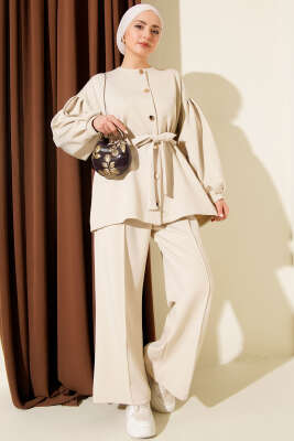 Metal Düğmeli Kuşaklı İkili Takım Bej - DUFON