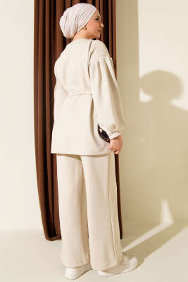 Metal Düğmeli Kuşaklı İkili Takım Bej - İkili Takım