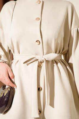 Metal Düğmeli Kuşaklı İkili Takım Bej - İkili Takım