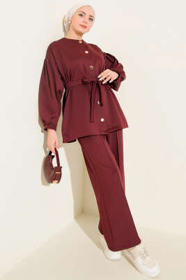 Metal Düğmeli Kuşaklı İkili Takım Bordo - İkili Takım
