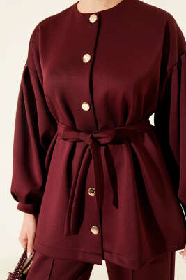 Metal Düğmeli Kuşaklı İkili Takım Bordo - İkili Takım