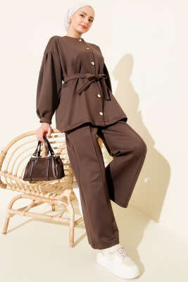 Metal Düğmeli Kuşaklı İkili Takım Kahve - DUFON