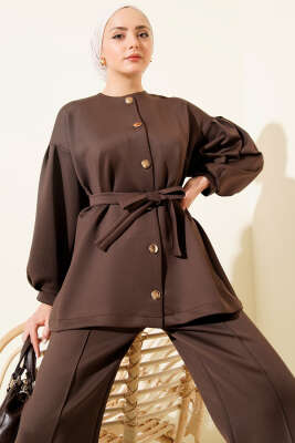 Metal Düğmeli Kuşaklı İkili Takım Kahve - İkili Takım