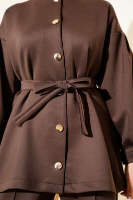 Metal Düğmeli Kuşaklı İkili Takım Kahve - İkili Takım