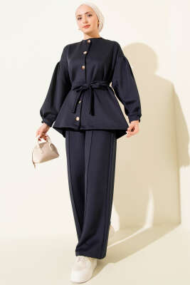 Metal Düğmeli Kuşaklı İkili Takım Lacivert - DUFON