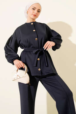 Metal Düğmeli Kuşaklı İkili Takım Lacivert - İkili Takım