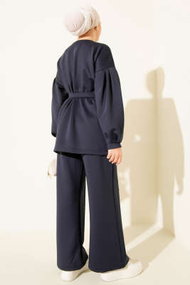 Metal Düğmeli Kuşaklı İkili Takım Lacivert - İkili Takım