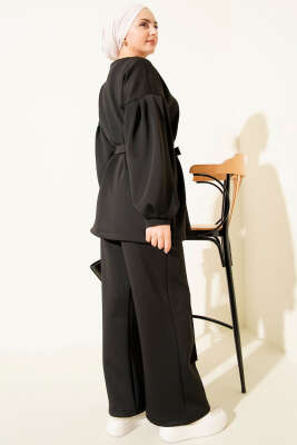 Metal Düğmeli Kuşaklı İkili Takım Siyah - İkili Takım