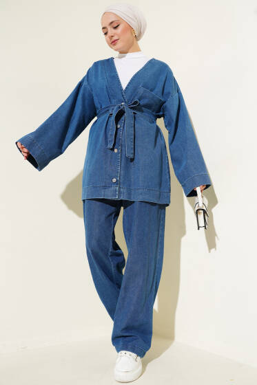 Metal Düğmeli Kuşaklı Kot İkili Takım Kot Mavisi - İkili Takım