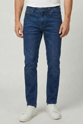 Metal Düğmeli Likralı Erkek Kot Pantolon Mavi - DEEP BROWN