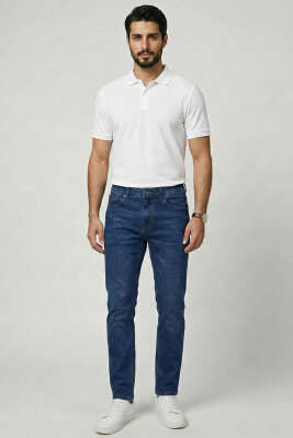 Metal Düğmeli Likralı Erkek Kot Pantolon Mavi - Yeni Erkek Giyim