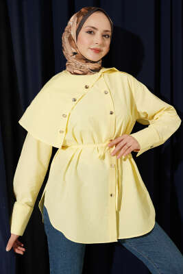 Metal Düğmeli Omuz Pelerinli Gömlek Sarı - VAV TEKSTİL