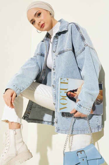 Metal Düğmeli Oversize Kot Ceket Kar Açık - Ceket