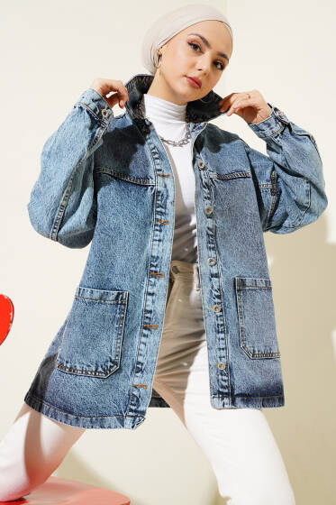 Metal Düğmeli Oversize Kot Ceket Kot Mavisi - Ceket