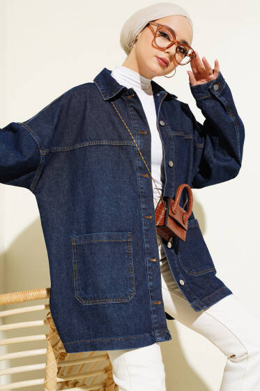 Metal Düğmeli Oversize Kot Ceket Lacivert - Ceket