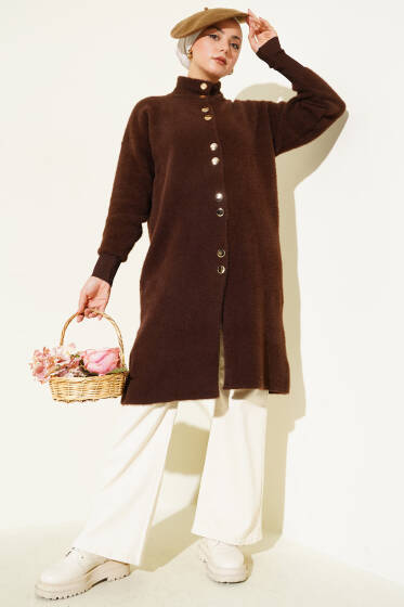 Metal Düğmeli Sakallı Hırka Kahve - Hırka