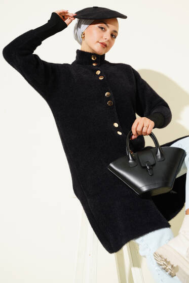 Metal Düğmeli Sakallı Hırka Siyah - Hırka