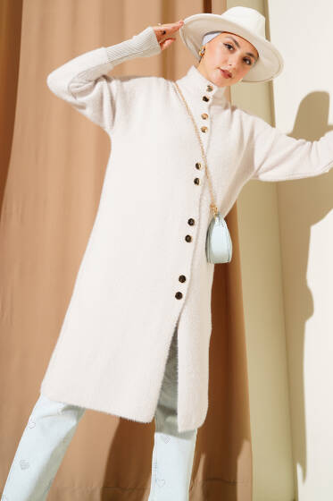 Metal Düğmeli Sakallı Hırka Taş - Hırka