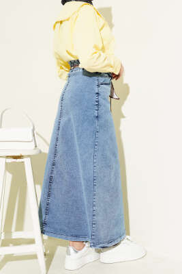 Metal Düğmeli Şal Kemerli Kot Etek Açık Mavi - Etek