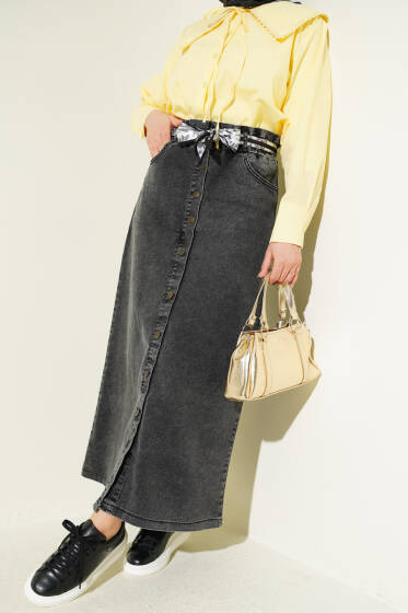 Metal Düğmeli Şal Kemerli Kot Etek Füme - Etek