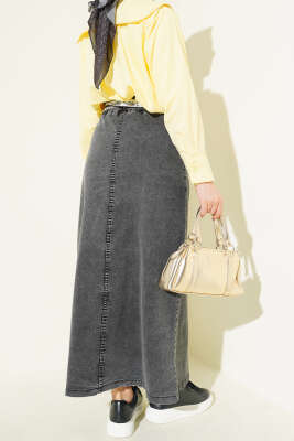 Metal Düğmeli Şal Kemerli Kot Etek Füme - Etek