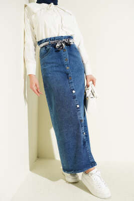 Metal Düğmeli Şal Kemerli Kot Etek Kot Mavisi - MUSTİ