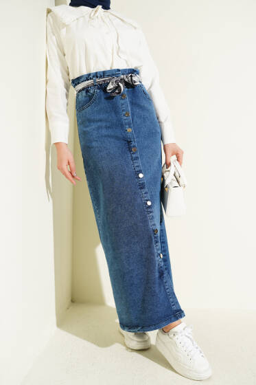 Metal Düğmeli Şal Kemerli Kot Etek Kot Mavisi - Etek