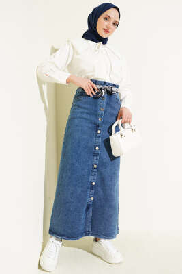 Metal Düğmeli Şal Kemerli Kot Etek Kot Mavisi - Etek