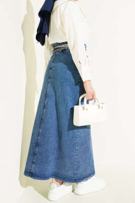 Metal Düğmeli Şal Kemerli Kot Etek Kot Mavisi - Etek