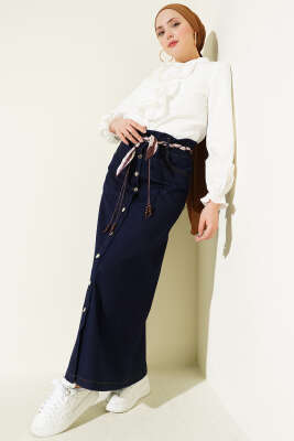 Metal Düğmeli Şal Kemerli Kot Etek Lacivert - Etek
