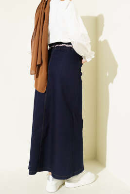 Metal Düğmeli Şal Kemerli Kot Etek Lacivert - Etek