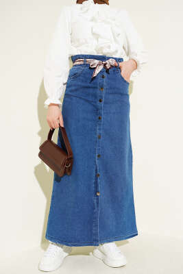 Metal Düğmeli Şal Kemerli Kot Etek Mavi - MUSTİ