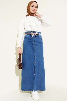 Metal Düğmeli Şal Kemerli Kot Etek Mavi - Etek
