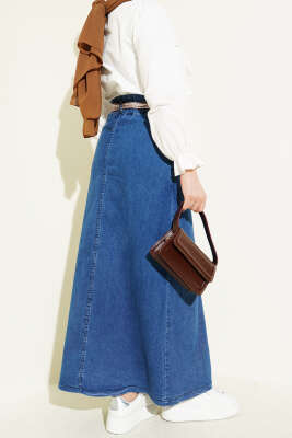 Metal Düğmeli Şal Kemerli Kot Etek Mavi - Etek