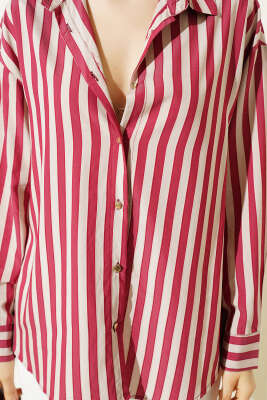 Metal Düğmeli Salaş Çizgili Gömlek Bordo - Kadın Giyim Modelleri