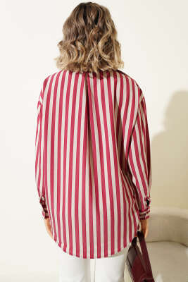 Metal Düğmeli Salaş Çizgili Gömlek Bordo - Kadın Giyim Modelleri