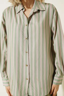 Metal Düğmeli Salaş Çizgili Gömlek Haki - Kadın Giyim Modelleri