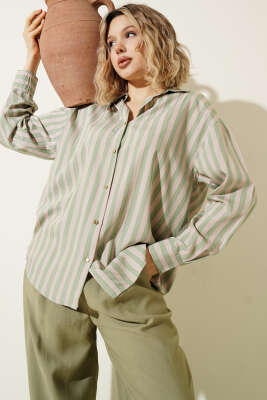 Metal Düğmeli Salaş Çizgili Gömlek Haki 