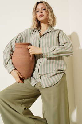 Metal Düğmeli Salaş Çizgili Gömlek Haki - Kadın Giyim Modelleri