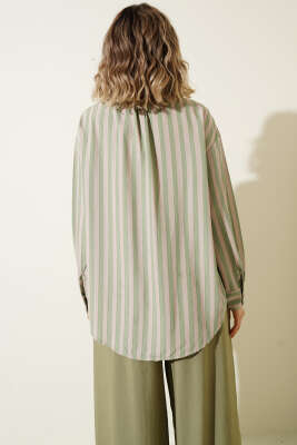 Metal Düğmeli Salaş Çizgili Gömlek Haki - Kadın Giyim Modelleri