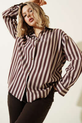 Metal Düğmeli Salaş Çizgili Gömlek Kahve - Kadın Giyim Modelleri